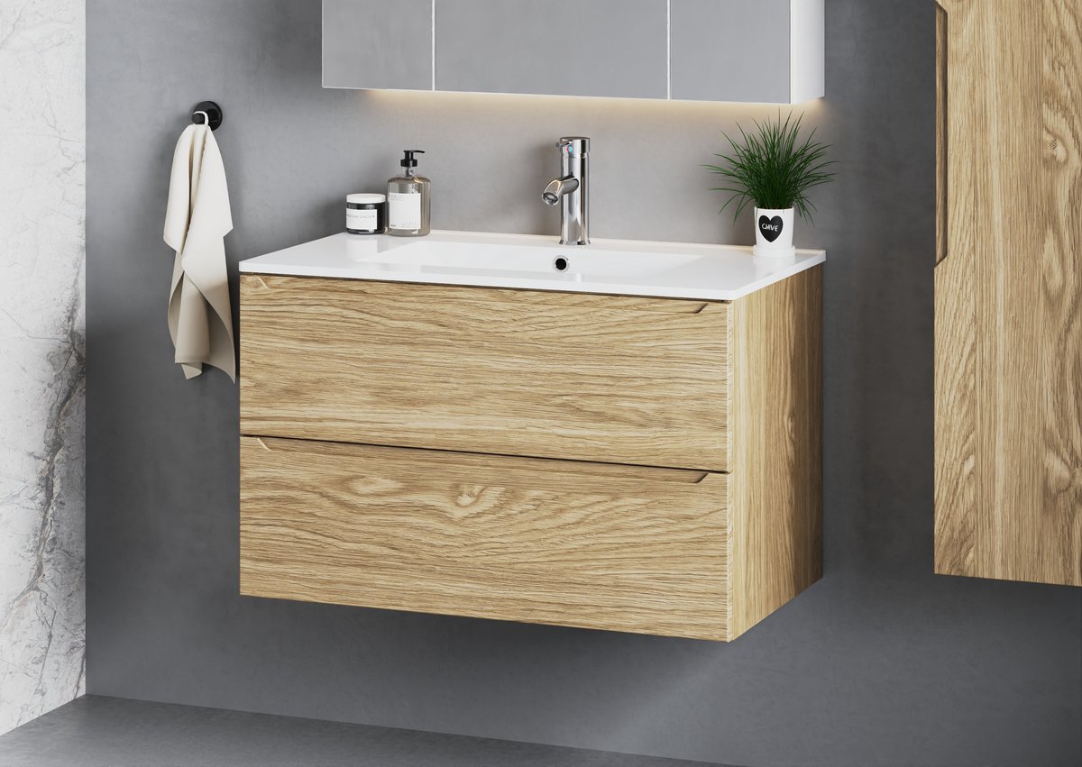 Meubel Square - Badkamermeubel set Neva 80cm - Eiken - Badmeubel met Wastafel - Wastafelkast Zwevend
