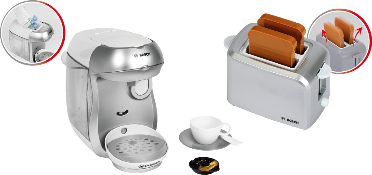 Klein Toys - Bosch mini speelgoed ontbijtset - Tassimo koffiezet apparaat - broodrooster - zilverkleurig