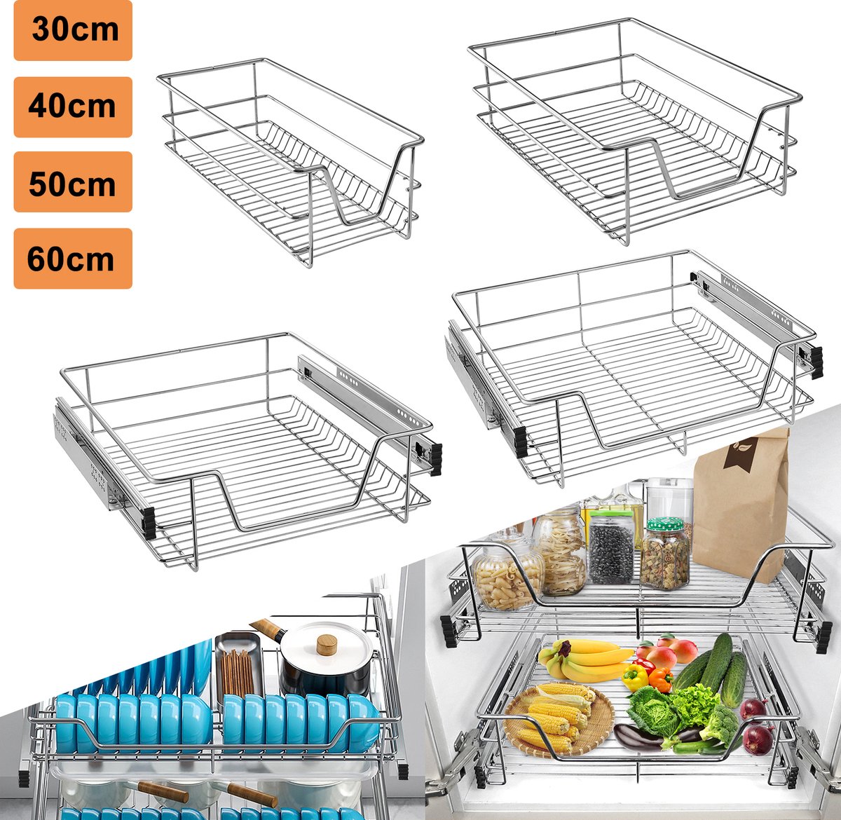 Keukenlade Telescopische Lade -Geldt voor Breedte 50cm Keukenkast- Zilver-2 stukken Voor 47 cm (binnenbreedte)/50 cm (buitenbreedte) kastbreedte