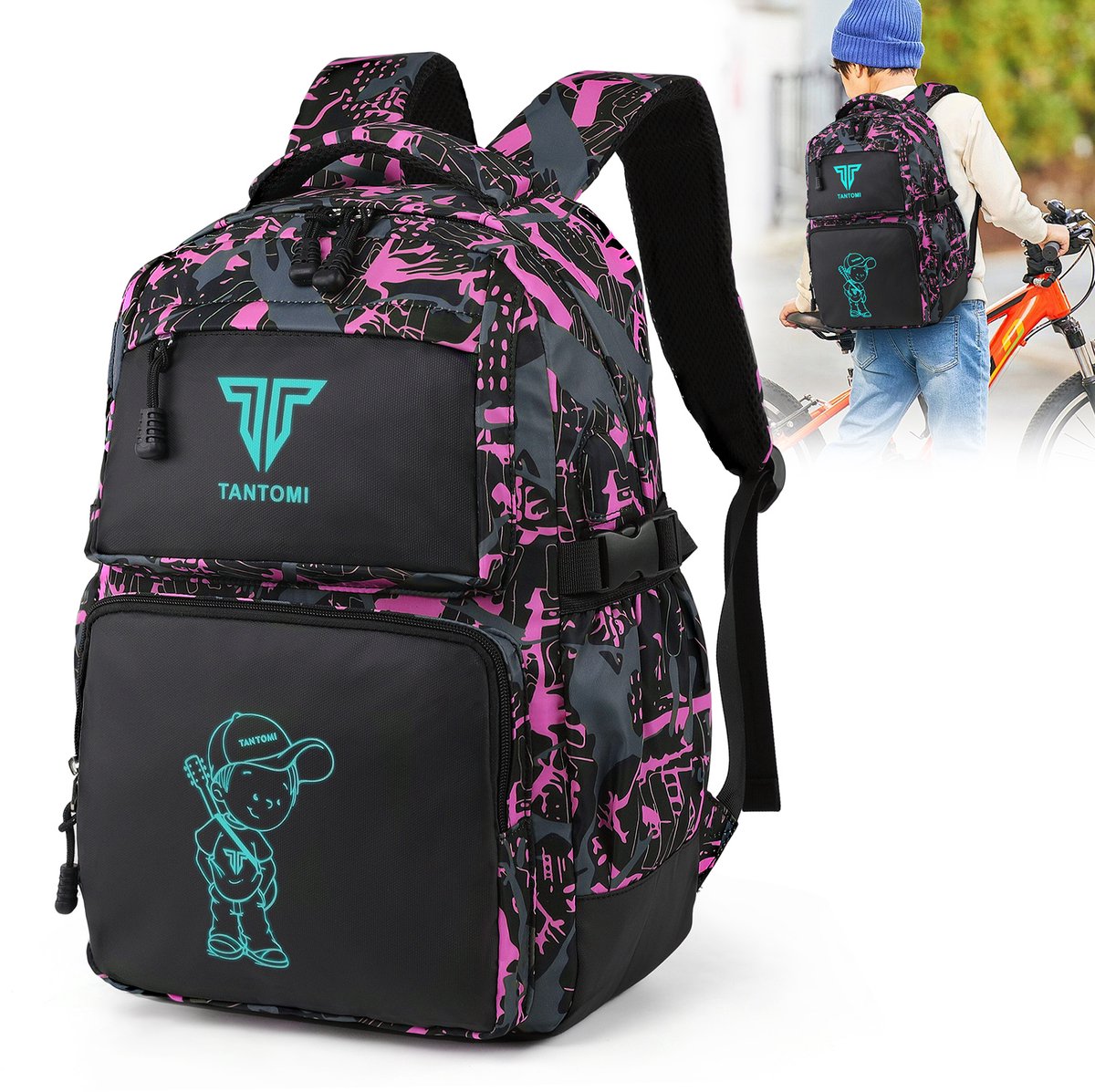 TAN.TOMI - Rugzak Jongens - Schoolrugzak met USB - Reflecterende Rugzak - Meisjes Rugzak - Tieners Dagrugzak - Kinderen Nachtzak - Reflecterende Schooltas - Zwart/Roze