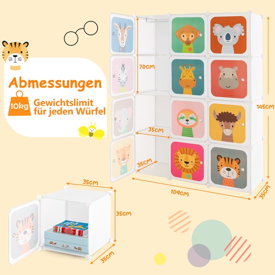 COSTWAY Kledingkast voor kinderen, reksysteem van kunststof met 12 kubussen, kinderrek uitbreidbaar met deuren en 2 hangers, opbergkast, steekrek voor kinderkamer, speelkamer (wit
