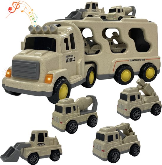 Speelgoed vrachtwagen 33cm met licht en geluid en vier kleine autootjes - oplegger - speelgoed truck -beige