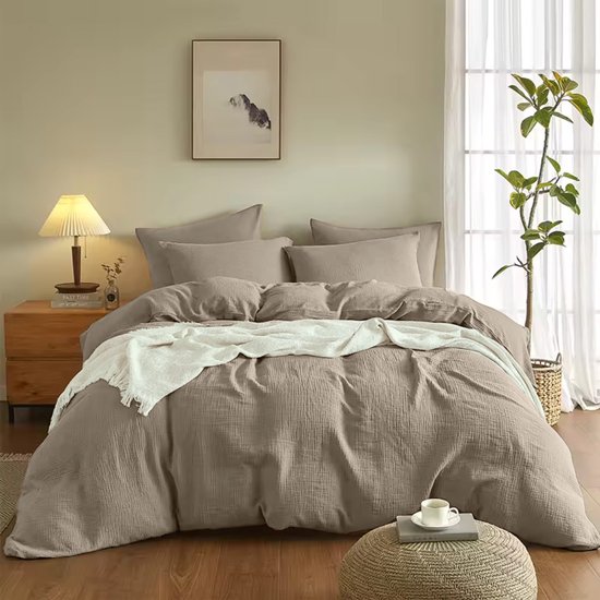 Y-NOT™ - Mousseline Taupe - Dekbedovertrek - 140x200/220 1-Persoons - 1 kussensloop 60x70cm - 160TC 2 layer mousseline 100% katoen - 30 dagen proefslapen van Merkloos — afbeelding 3