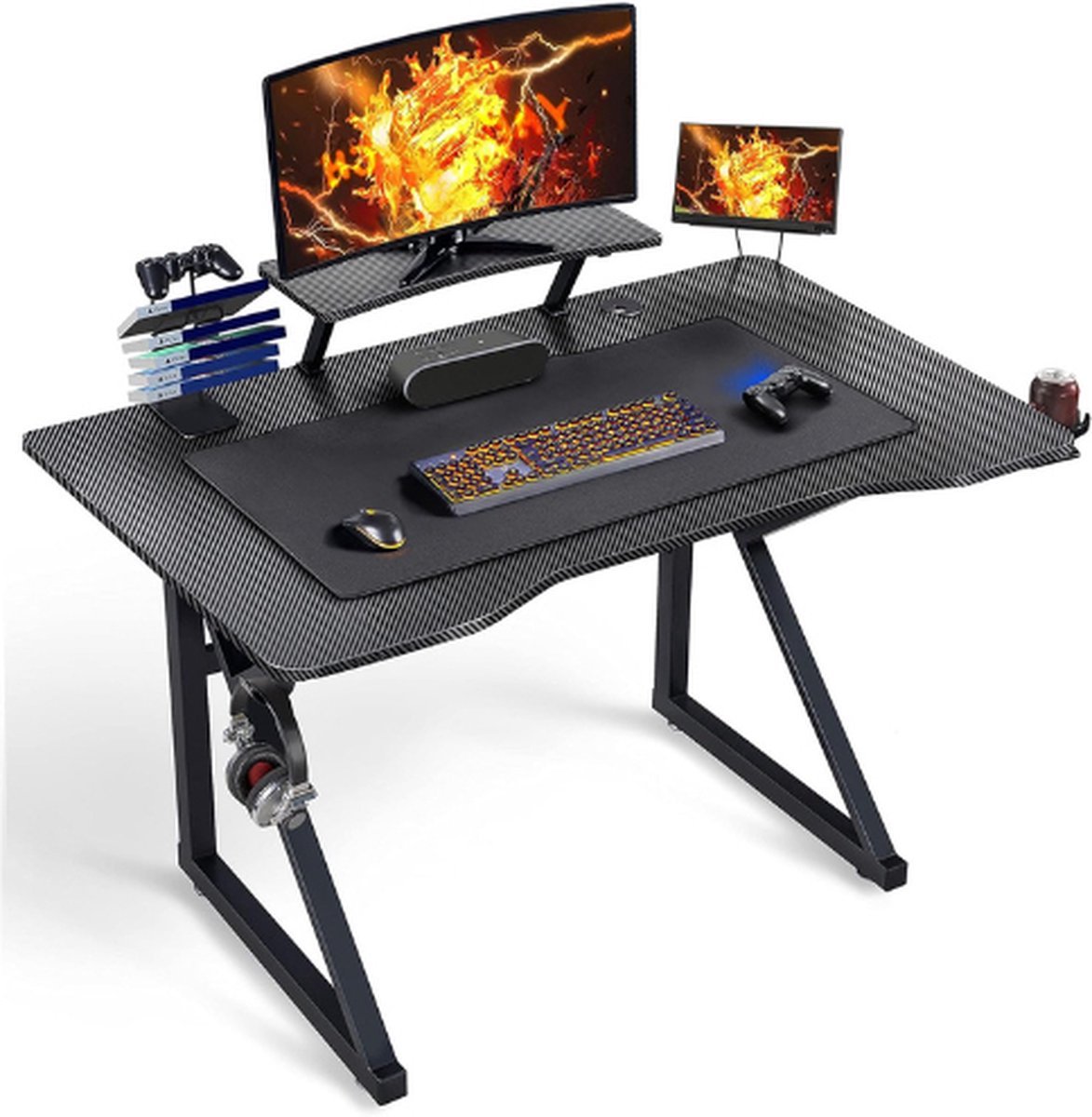 Thuys – Gamingbureau – 110 X 70 Cm – Met Verstelbare Monitorhouder – Bekerhouder – Handgreephouder – Zwart