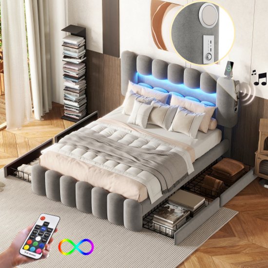 Gestoffeerd volwassenenbed 140 x 200 cm met 4 laden - USB LED's
