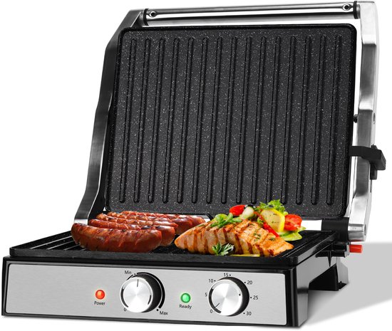 Aigostar Contactgrill - Tosti Apparaat Instelbare Temperatuur - Panini Grill - 29*23cm - PFAS-vrije keramische coating - Timer - 2000W - RVS