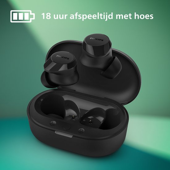 Zwarte oordopjes en open oplaadcase, met "18 uur afspeeltijd met hoes" en batterij-icoon.