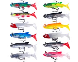 Kunstaas set - 12 Stuks - pluggen met haak - Kunstaas - Jerkbaits - Crankbaits - Rubberen vis - Visaas - Zacht Kunstaas - Alle type roofvis - Visaas Zeevissen Set - Rubberen Vissen Met Jigkop - Voor snoek, baars, snoekbaars, vissen