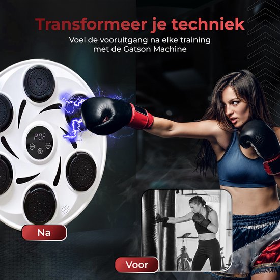 Vrouw met bokshandschoenen slaat op een witte boksmachine, voor en na training.