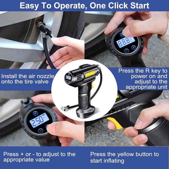 Fietspomp - fietspomp elektrisch - fietspompen - Autobandenpomp - Elektrische pomp - Draagbare luchtcompressor - Draadloze autobandenpomp - 4000 mAh 12 V - Oplaadbaar - 150 PSI - Autocompressor - Met LED en mondstukadapter van Merkloos — afbeelding 5