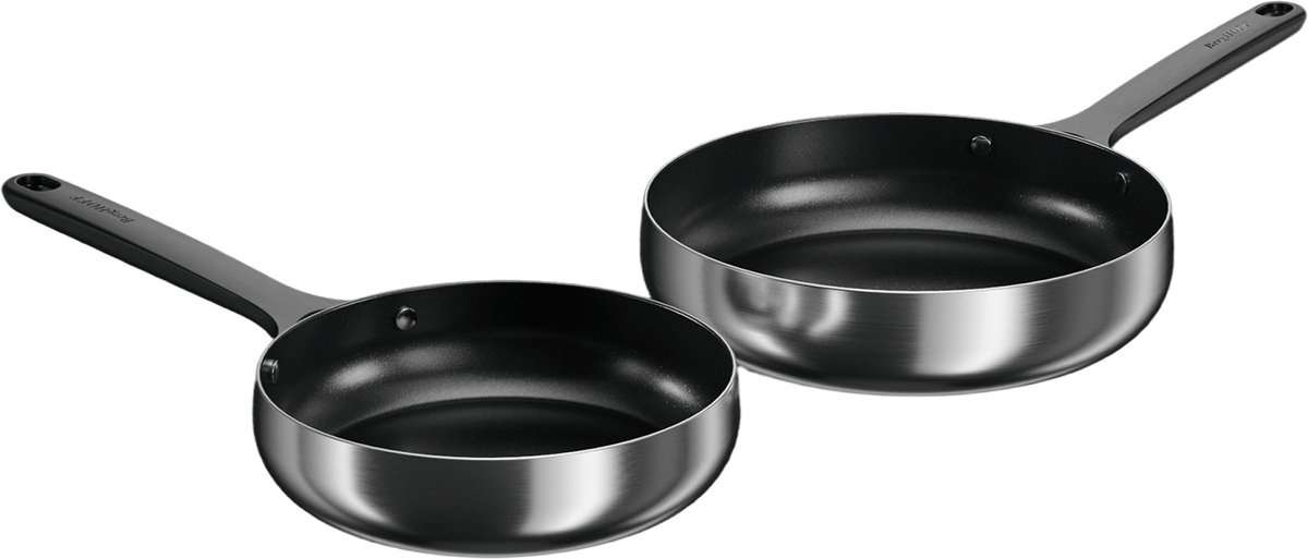 BergHOFF Home Koekenpannenset 2-delig - Ø 20 / Ø 24 cm - PFAS-Vrije Antikleefpannen - RVS Braadpannen - Keramische Anti-Aanbaklaag Bakpannen - Geschikt voor Inductie, Gas, Elektrisch en Keramisch - Ovenbestendige Biefstukpan tot 230 °C - Smokey Black