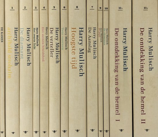 Stapel boeken van Harry Mulisch in beige met bruine letters, titels zoals 'De ontdekking van de hemel II' en 'Hoogste tijd'.
