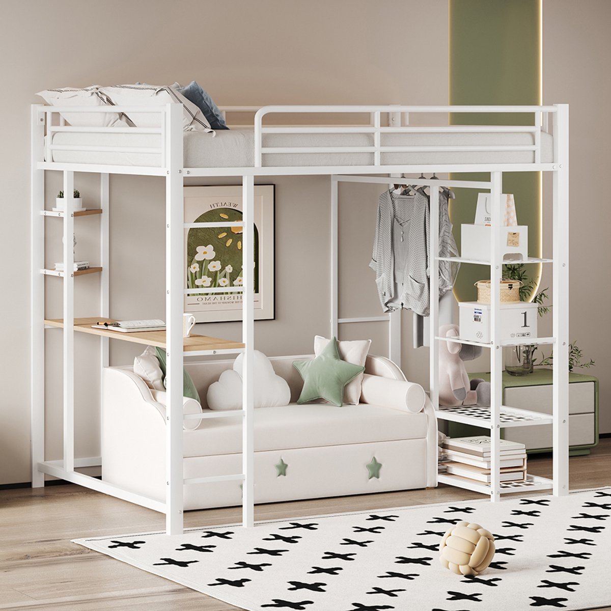 Pugsdrly Hoogslaper met ladder 90*200 cm, eenpersoonsbed Kinderbed met tafel met eenvoudige ophanging met opbergvakken, wit