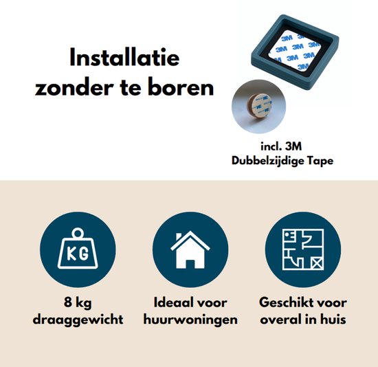 Installatie zonder boren met dubbelzijdig 3M tape. 8 kg draaggewicht, ideaal voor huurwoningen, geschikt voor overal.