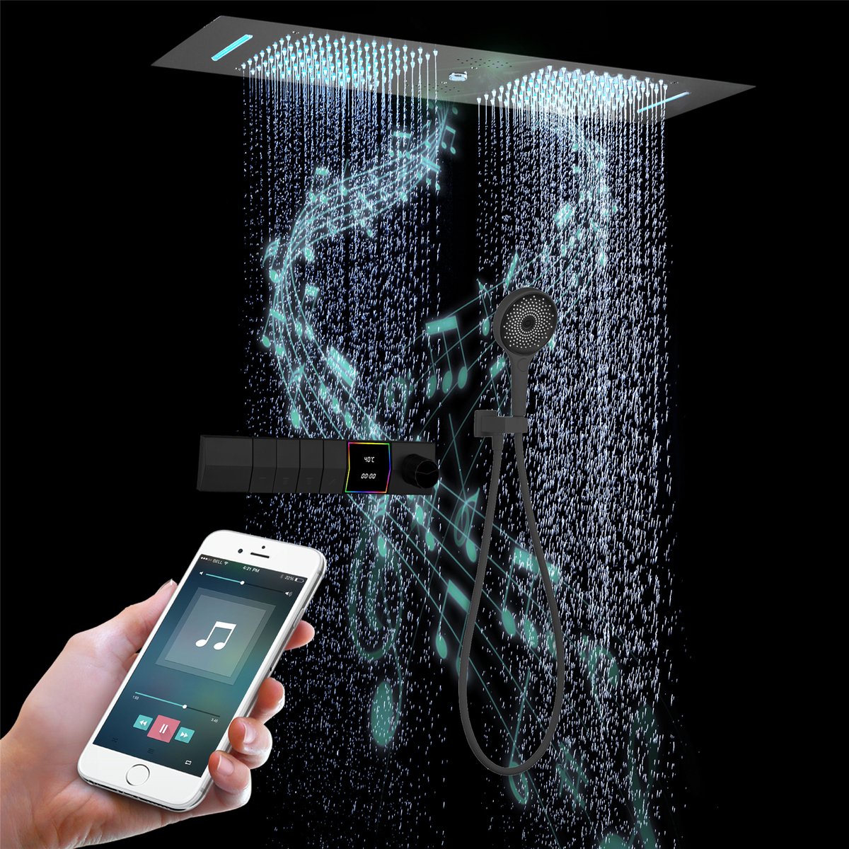 Oihpaw douchesysteem LED-muziekdouchesysteem met thermostaat, 300x900 mm, RGB 64 kleuren , 4 functies: regen, waterval, waterkolom, handdouche, messing