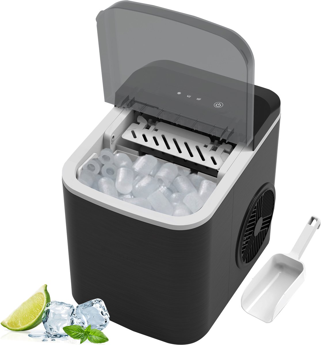 Solis Ice Cube Express IJsblokjesmachine, 8 ijsblokjes in 8 minuten, ijsblokjesmaker met instelbare ijsblokjesgrootte, zelfreinigende ijsblokjesmaker voor keuken, kantoor, feest en bar, wit