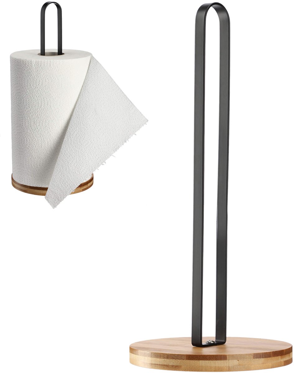 KADAX Keukenrolhouder, 15 x 15 x 34 cm papieren handdoekhouder, Ø 15 cm vrijstaande houder van gepoedercoat metaal en bamboe onderzetter, rolhouder (zwart)