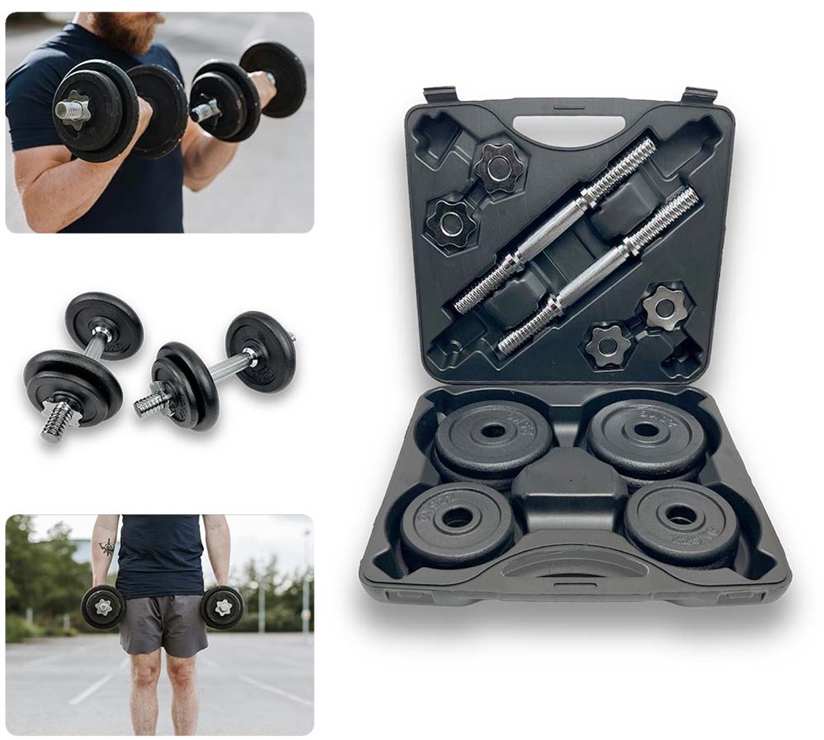 KRAKEN Cast Iron Dumbbell Set 20 KG met Opbergkoffer - Verstelbare Halterset Gietijzer - 2x Halterstaaf 34 x 3 cm - Schroefsluiting 30 mm Boring - Bicep Curls Tricep Shoulder Press - Krachttraining Thuis Gym - Trainingshalter Gewichten Dumbel Dumbbel