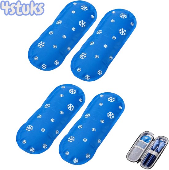 Vier blauwe gelpacks met witte sneeuwvlokken, met een etui voor insulinepennen.