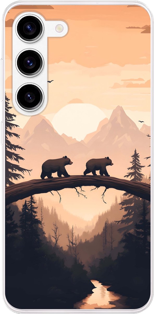 Telefoonhoesje Geschikt voor Samsung Galaxy S23 hoesje - Beren - Bomen - Landschap - Zonsondergang - Siliconen Telefoonhoesje Telefoonhoesje