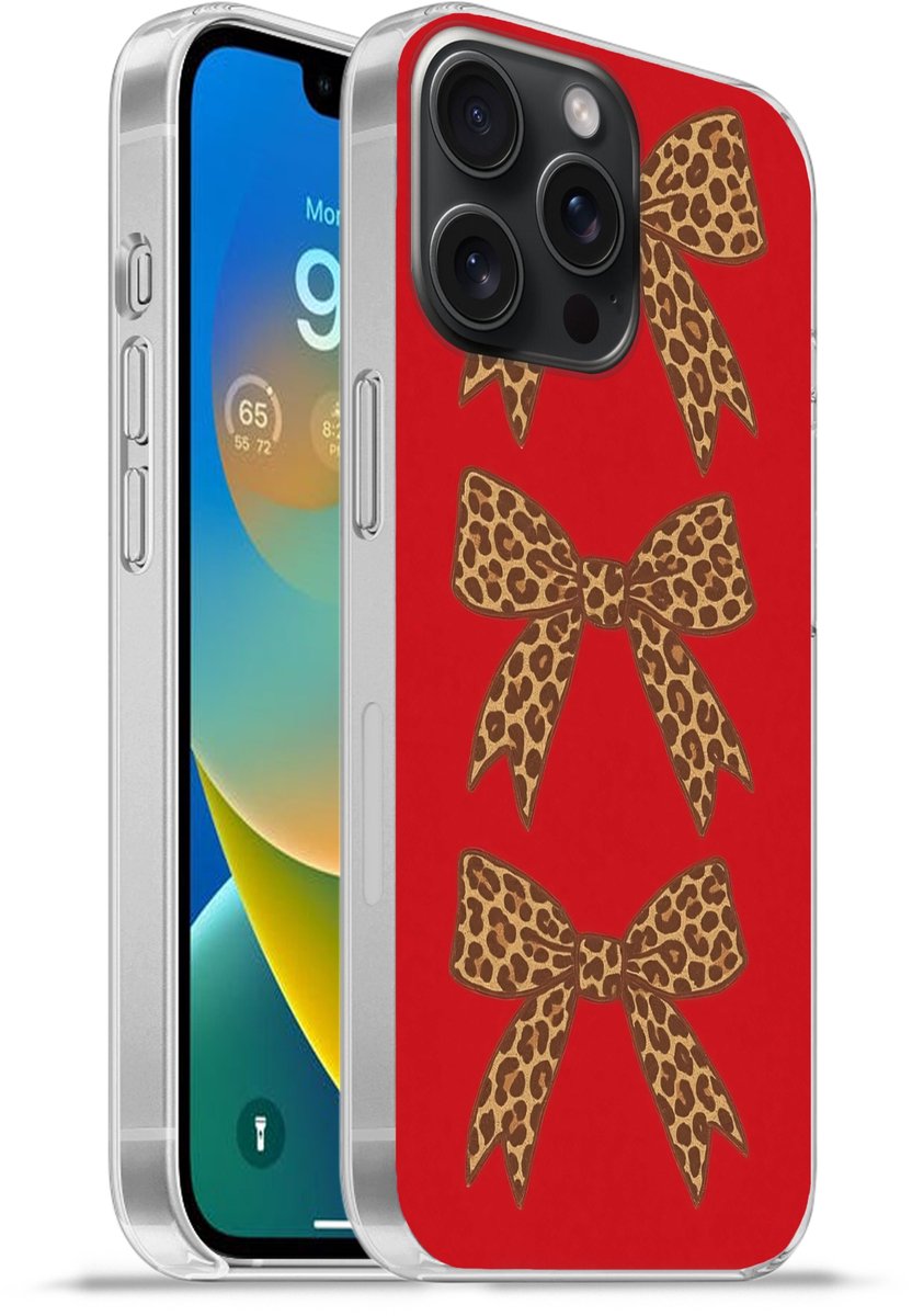 Telefoonhoesje Geschikt voor iPhone 15 Pro Max hoesje - Strikken - Panterprint - Rood - Siliconen Telefoonhoesje Telefoonhoesje