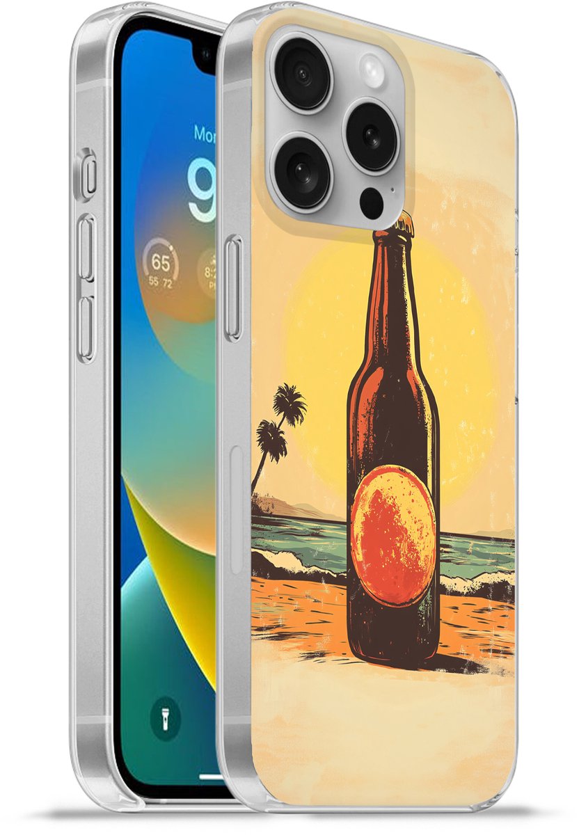 Telefoonhoesje Geschikt voor Apple Iphone 16 Pro hoesje - Bierfles - Zonsondergang - Palmbomen - Zee - Siliconen Telefoonhoesje Telefoonhoesje