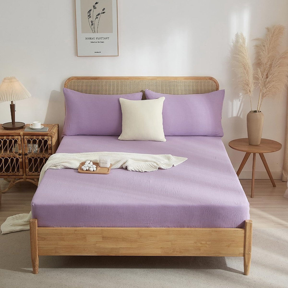 Ibenzoa Zacht Muslin Katoenen Hoeslaken voor Boxspringbedden, 160 x 200 cm, Diverse Kleuren en Ademend Design paars