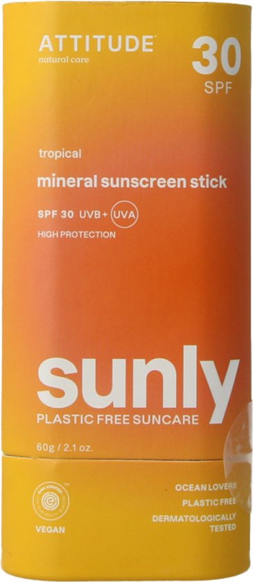 Gele en oranje verpakking voor Attitude Sunly mineral zonnebrandstick met SPF 30. Vegan en plasticvrij.