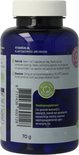 Achterkant van een donkerblauwe pot met 90 vega capsules. Met gebruiks- en bewaarinstructies.