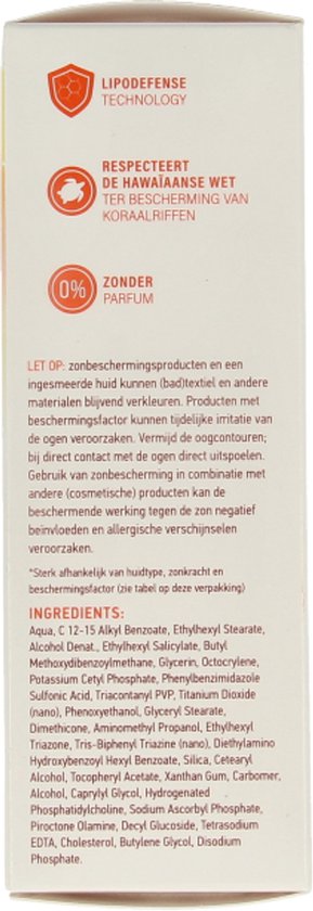 Verpakking van Vision zonnebrandcrème met ingrediëntenlijst en waarschuwingen.