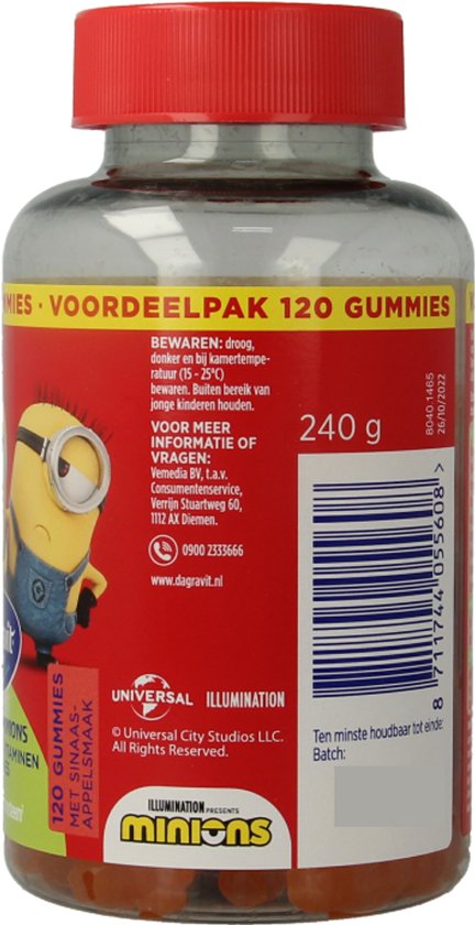 Achterkant van een pot met 120 Dagravit Kids Xtra multivitamine gummies, met Minions.