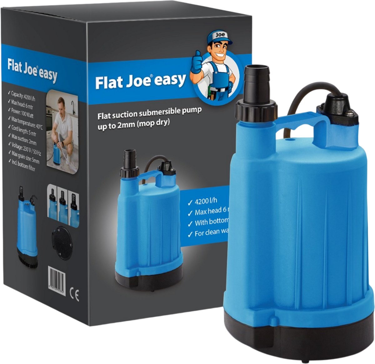 Flat Joe ® easy - vlakzuigende dompelpomp - 4200 l/h - dweildroog tot 2mm - incl bodemfilter - wateroverlast - kelderpomp - vlakzuiger - dweilpomp - vlakzuigpomp - kelder zwembad of vijver