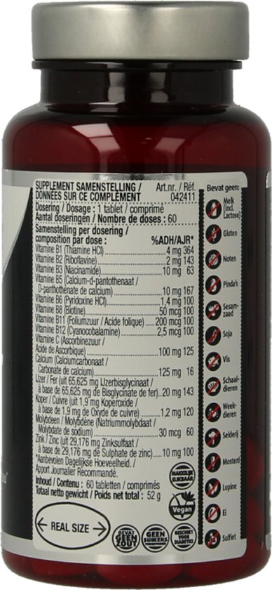 Dossier label met ingrediëntenlijst, vitamines, mineralen, allergeneninformatie en 'Real Size' sticker.