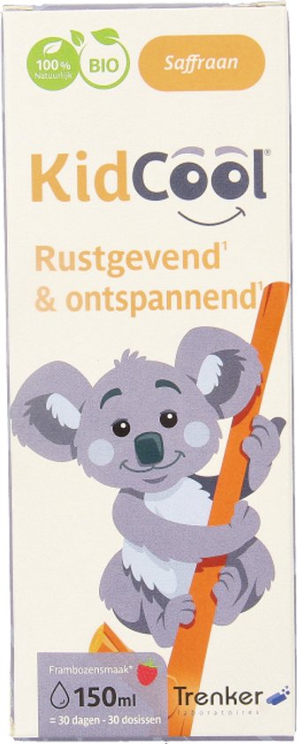 Doos met KidCool logo, koala en tekst "Rustgevend & ontspannend", 150ml frambozensmaak.