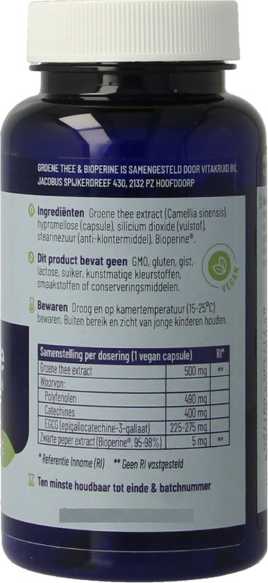 Blauwe pot met groen-witte etiketten. Toont ingrediënten en samenstelling.