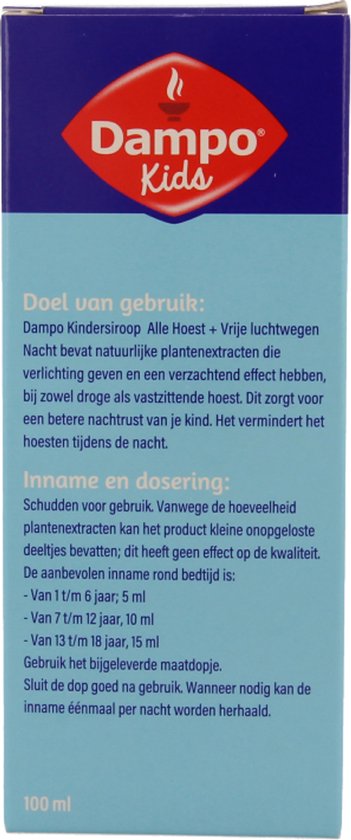 Dampo Kids Nacht Kindersiroop Alle Hoest + Vrije luchtwegen - Voor droge en vastzittende hoest 's nachts bij kinderen - Verlichting en verzachting bij het hoesten - Vanaf 1 jaar - Medisch hulpmiddel - 100 ml