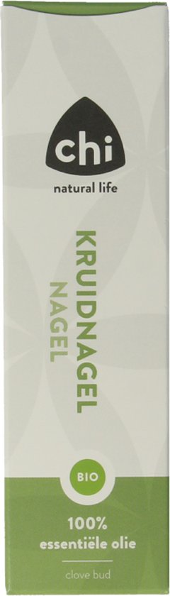 Doosje Chi Kruidnagel nagel BIO 100% essentiële olie met groene en witte patronen.