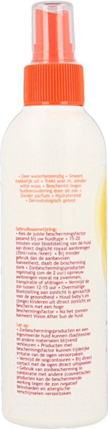 Vision zonnebrandspray: zeer waterbestendig, zonder parfum, trekt snel in, plakt niet.