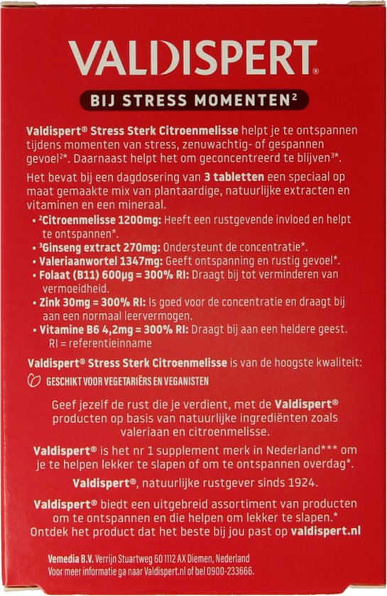 Zijkant van rode verpakking met Valdispert productinformatie en gezondheidsclaims.