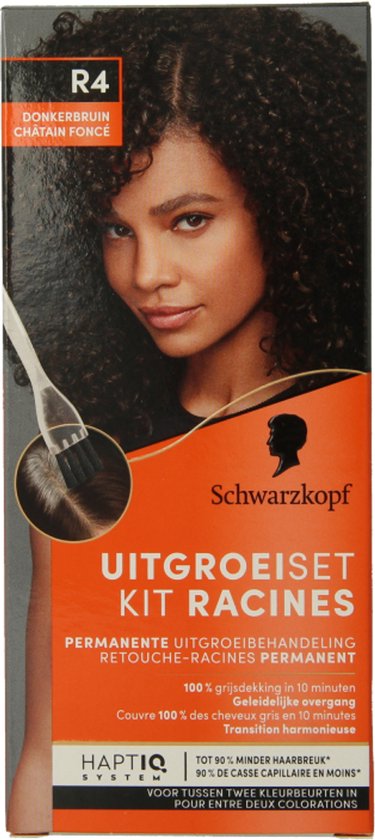 Vrouw met lange, donkere krullen. Op de verpakking van Schwarzkopf UitgroeiSet Kit Racines R4 staat "donkerbruin".