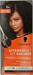 Vrouw met lange, donkere krullen. Op de verpakking van Schwarzkopf UitgroeiSet Kit Racines R4 staat "donkerbruin".