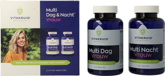 Vitakruid Multi Dag & Nacht Vrouw verpakking met op de voorkant een lachende vrouw en twee potjes supplementen.
