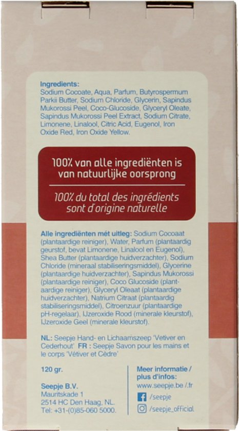 Ingrediëntenlijst en productinformatie in het Nederlands en Frans. De tekst vermeldt 100% van alle ingrediënten van natuurlijke oorsprong.