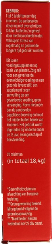 Zijkant van de verpakking 'Valdispert Stress' met gebruiksaanwijzing en informatie over ingrediënten.