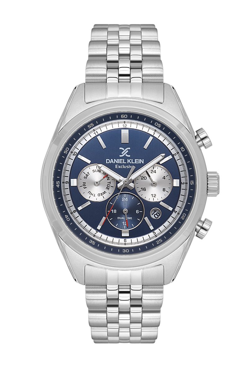 Daniel Klein DK.1.13976-2 - Horloge - Polshorloge - Analoog - Mannen - Heren - stalen band - Rond - Metaal - Streepjes - Datumaanduiding - 12-24 - Dualtime - Chrono - Zilverkleurig - Donkerblauw - Rood