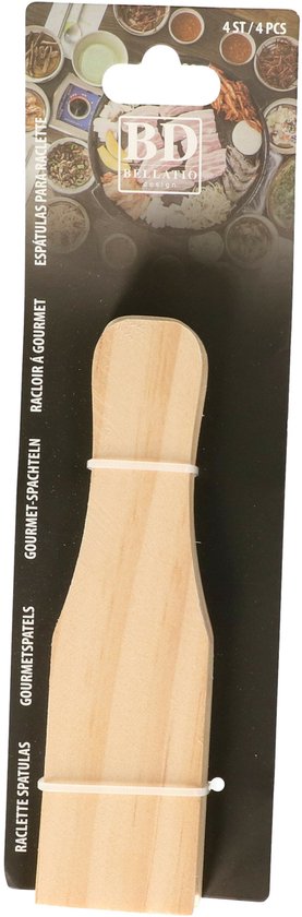 Verpakking met 4 houten gourmet spatels, met de tekst "RACLETTE-SPATUĻAS GOURMETSPATELS GOURMET-SPACHTELN RACLOIR À GOURMET" en een afbeelding van hapjes.
