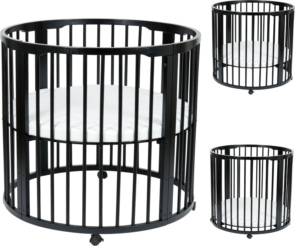 Born Lucky Baby Box Rond 90 cm - In Hoogte Verstelbaar - Met Matras & Wieltjes - Zwart