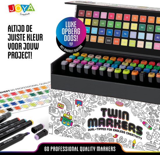 Set de 60 marqueurs de Luxe pour adultes et enfants - Marqueurs à alcool - Livre de coloriage pour Adultes - Surligneurs - Étui de rangement inclus