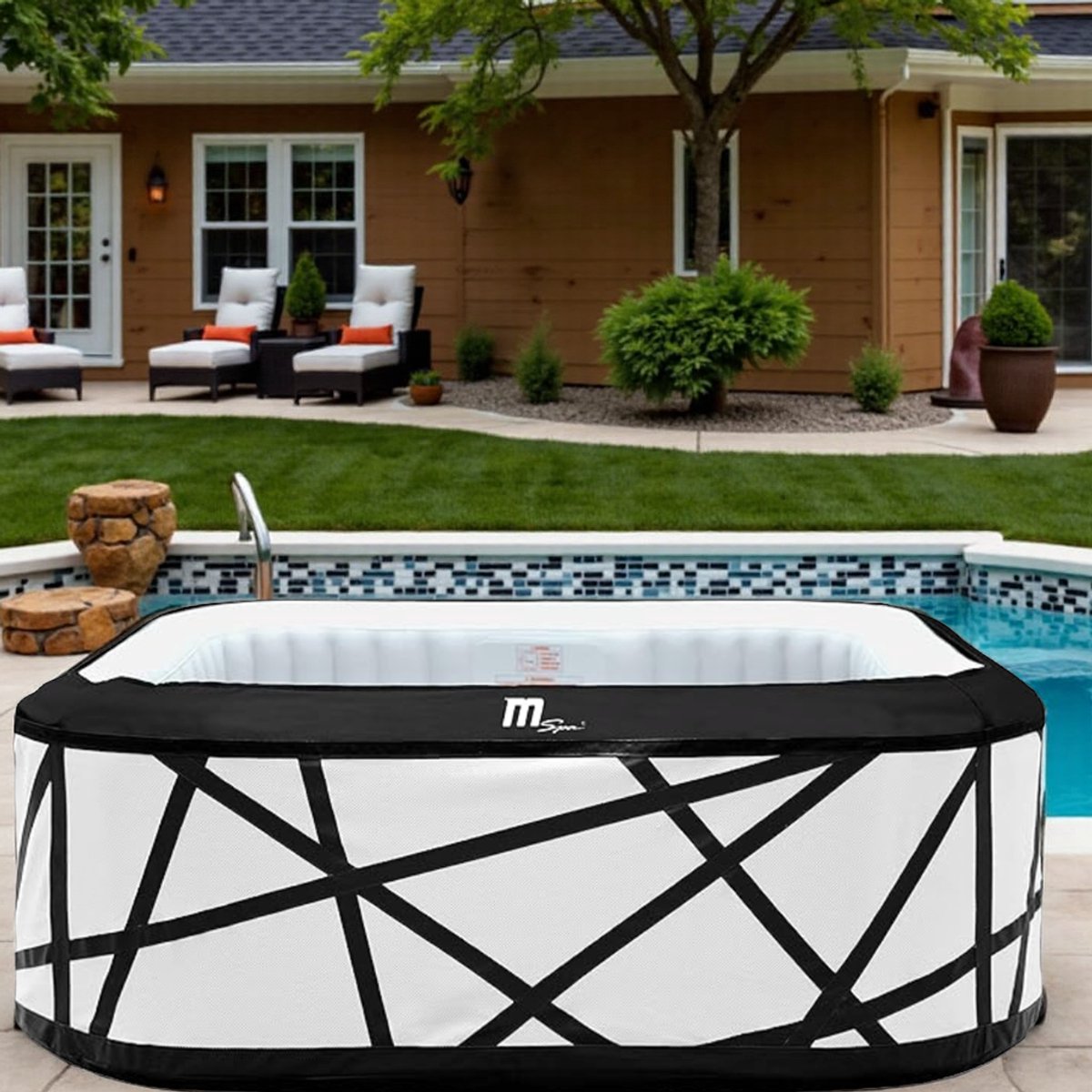 Luxe Opblaasbare Whirlpool 6-Persoons Spa – Hoogwaardige Hydro Massage Spa met 132 Massagejets en 3 Intensiteitsniveaus, Innovatieve PTC Verwarming tot 42°C, Milieuvriendelijke Ozondesinfectie, Robuust Rhino-Tech 6-Laags PVC Materiaal, Inclusief Isol
