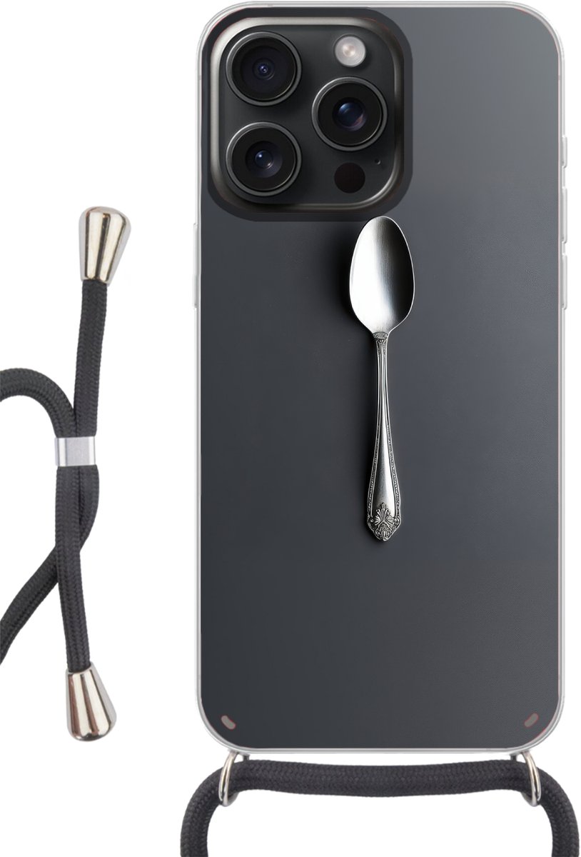 Telefoonhoesje Geschikt voor iPhone 15 Pro - Zilver - Metaal - Lepel - Siliconen - Crossbody - Backcover met Koord - Telefoonhoesje met koord - Hoesje met touw Telefoonhoesje